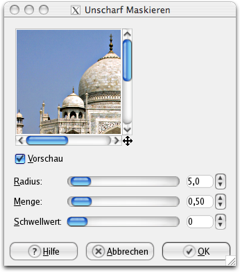 Eigenschaften für das Filter Unscharf Maskieren